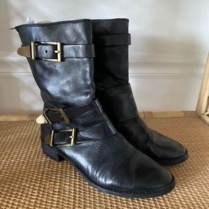 Black Leather Boots with Gold Buckles
